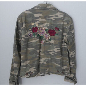Womens Floral Embroidered Jacket MEDIUM Camo Crop Boho Lightweight Y2K